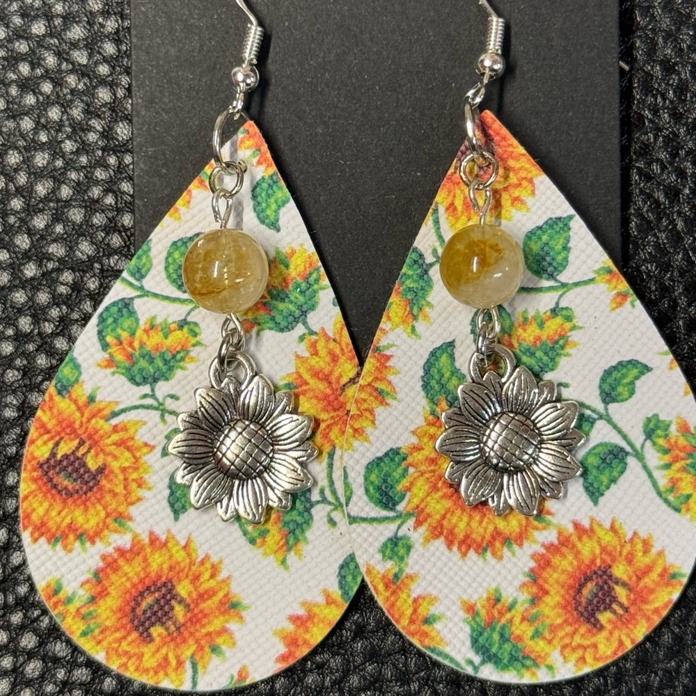 Floral Sunflower Faux Leather Earrings with Silvery Charms